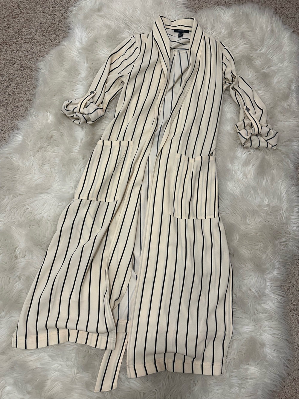 Forever 21 Cream and Black Striped Long Cardigan with belt